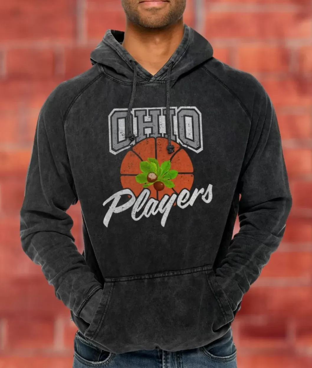 Hoodies & Sweatshirts>Nayked Apparel Men'S Vintage Raglan Graphic Hoodie | Ohio Players (Buckeye Leaf) Vintage Black