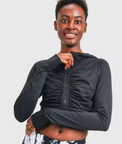 Outerwear>Nayked Apparel Ruched Front Cropped Hoodie Jacket/Discontinued Black